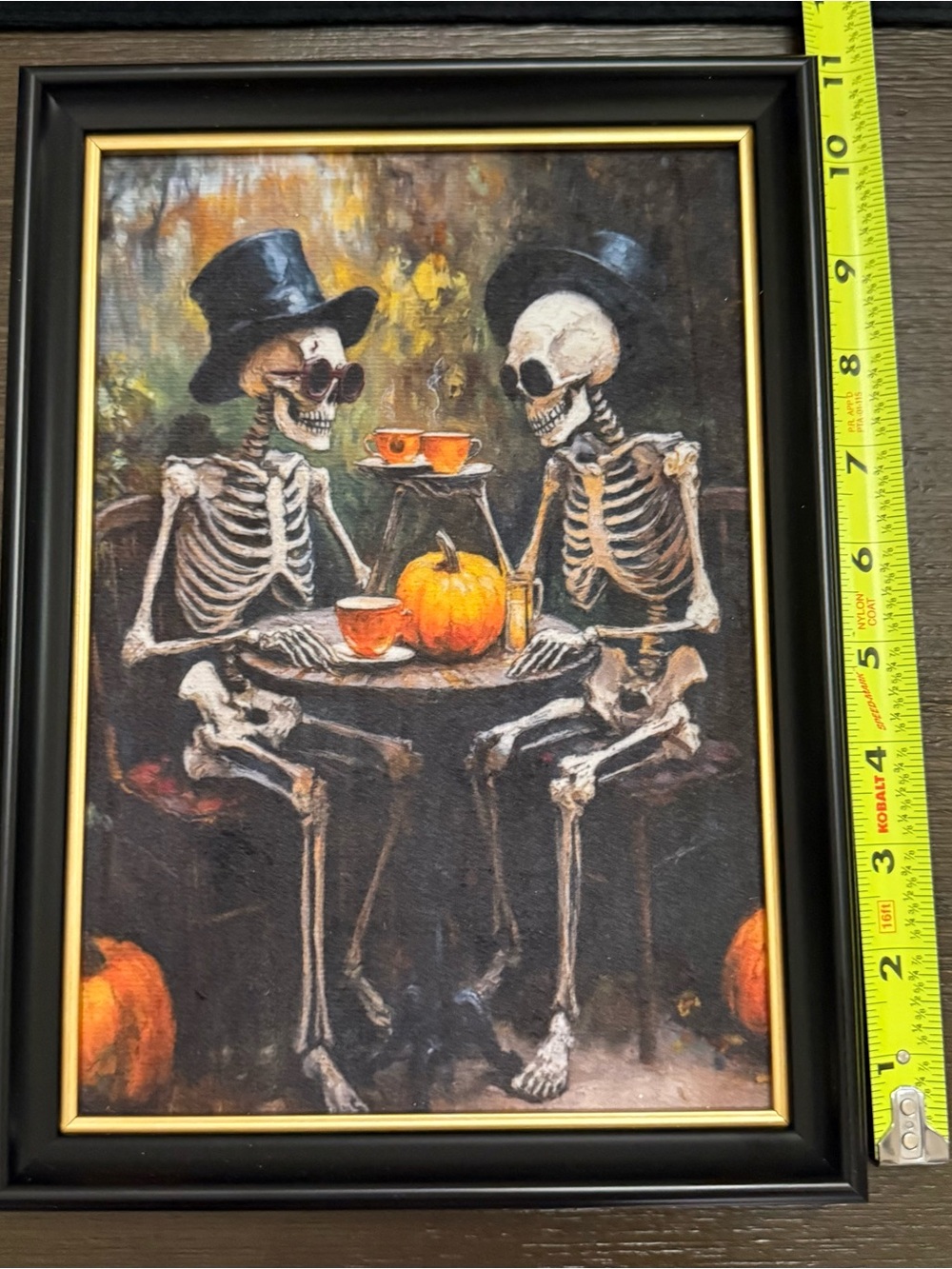 Skeleton Tea Party Framed Wall Art - Black Frame, Orange Accents